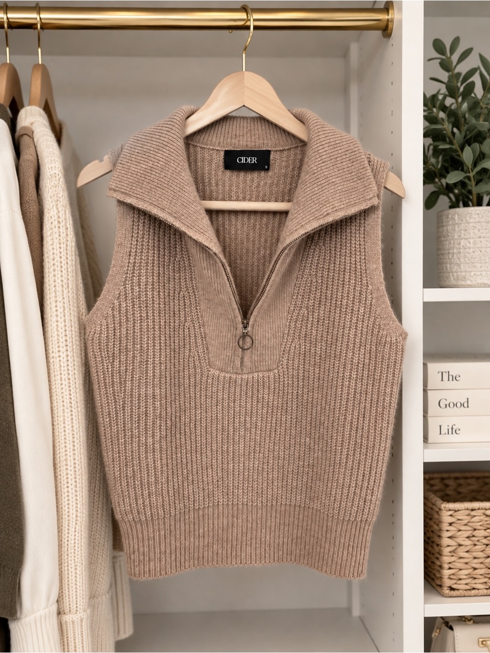 Cider Taupe Ribbed Zip-Collar Knit Vest